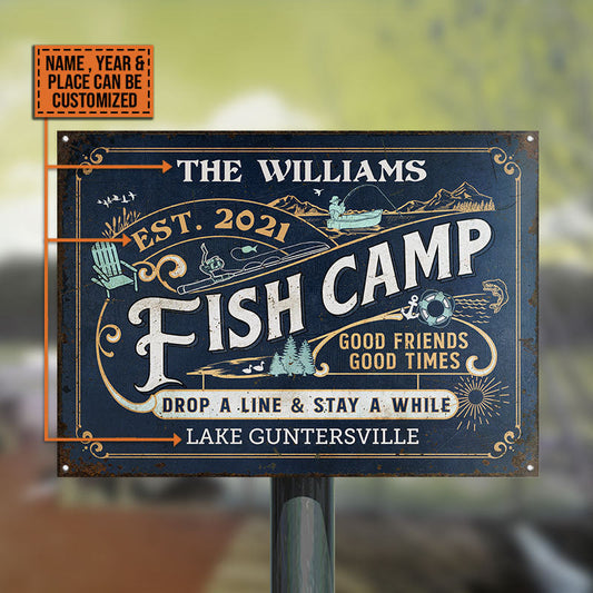 Personalized Fish Camp Drop A Line Customized Classic Metal Signs