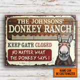 Personalized Farm Donkey Ranch Keep Gate Closed Custom Classic Metal Signs