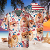 Joycorners Pomeranian Dog United States Flag Hawaiian Flowers All Over Printed 3D Hawaiian Shirt