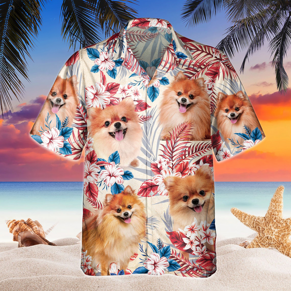 Joycorners Pomeranian Dog United States Flag Hawaiian Flowers All Over Printed 3D Hawaiian Shirt