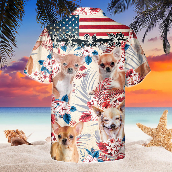Joycorners Chihuahua Dog United States Flag Hawaiian Flowers All Over Printed 3D Hawaiian Shirt
