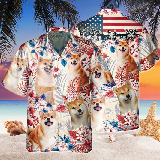 Joycorners Shiba Inu Dog United States Flag Hawaiian Flowers All Over Printed 3D Hawaiian Shirt