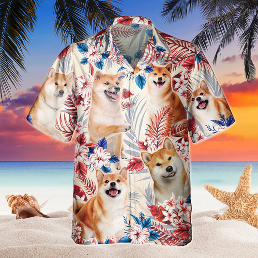 Joycorners Shiba Inu Dog United States Flag Hawaiian Flowers All Over Printed 3D Hawaiian Shirt