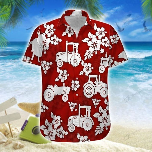 Joycorners Tractors Hawaiian Theme Red All Printed 3D Hawaiian Shirt