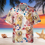 Joycorners Golden Retriever Dog United States Flag Hawaiian Flowers All Over Printed 3D Hawaiian Shirt