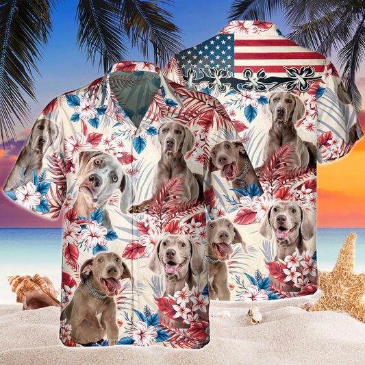 Joycorners Weimaraner Dog United States Flag Hawaiian Flowers All Over Printed 3D Hawaiian Shirt