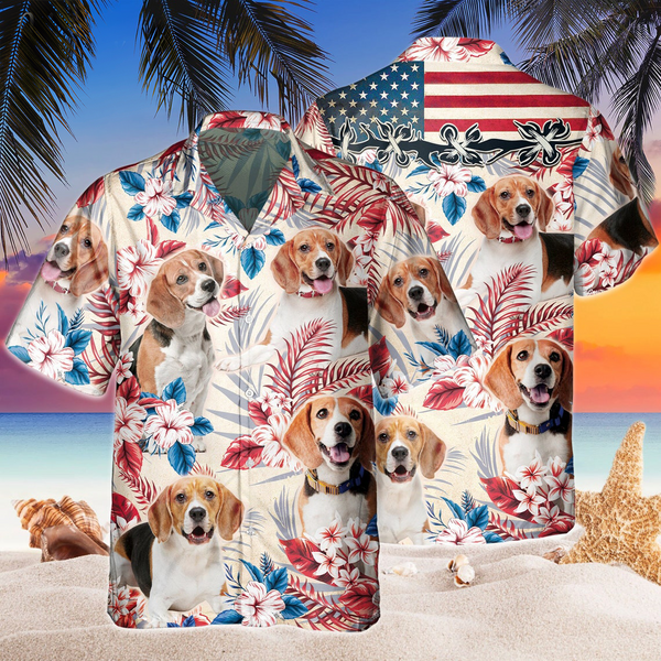Joycorners Beagle Dog United States Flag Hawaiian Flowers All Over Printed 3D Hawaiian Shirt
