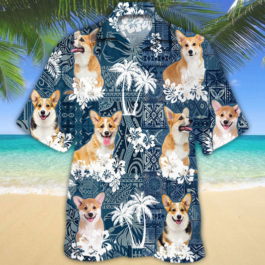 Joycorners Corgi Hawaiian Tropical Plants Pattern Blue And White All Over Printed 3D Hawaiian Shirt