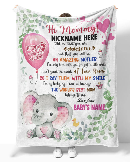 JoyCorner Personalized Printed Blanket Little Elephant With Pink Balloon - Mothers Day Gift