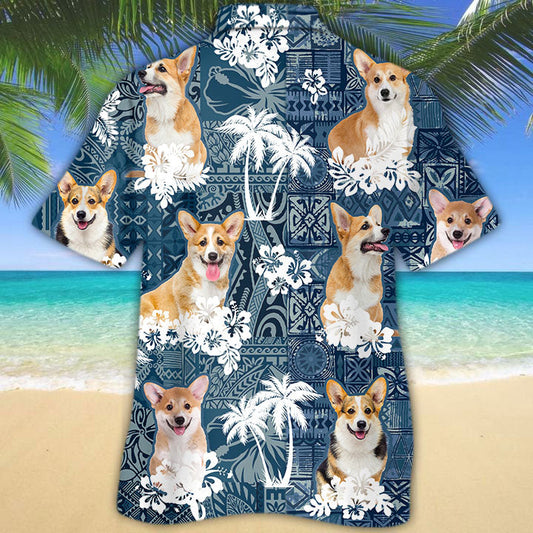 Joycorners Corgi Hawaiian Tropical Plants Pattern Blue And White All Over Printed 3D Hawaiian Shirt