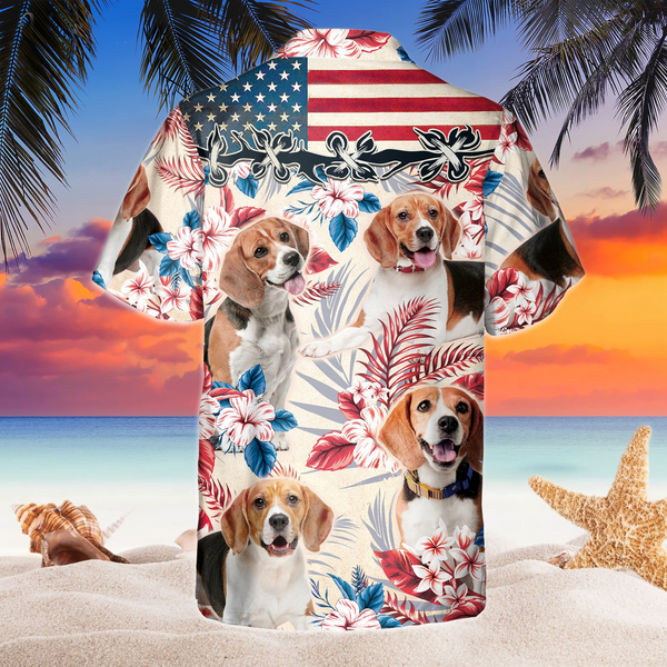 Joycorners Beagle Dog United States Flag Hawaiian Flowers All Over Printed 3D Hawaiian Shirt