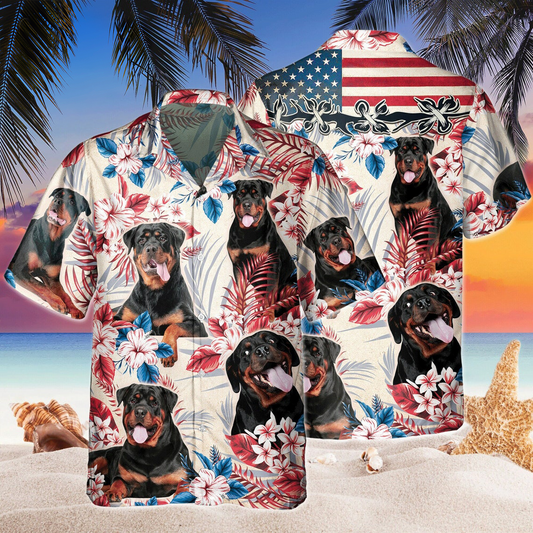 Joycorners Rottweiler Dog United States Flag Hawaiian Flowers All Over Printed 3D Hawaiian Shirt