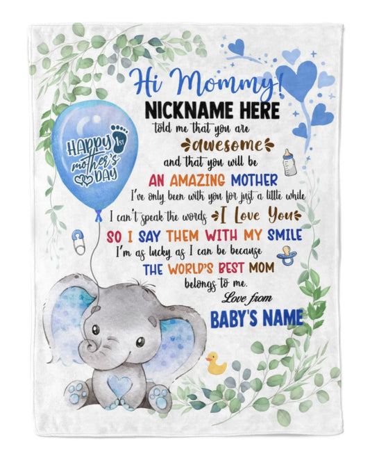 JoyCorner Personalized Printed Blanket Little Elephant With Blue Balloon - Mothers Day Gift