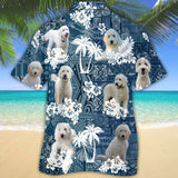 Joycorners White Goldendoodle Hawaiian Tropical Plants Pattern Blue And White All Over Printed 3D Hawaiian Shirt