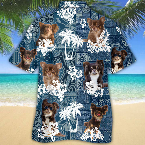 Joycorners Long Haired Chihuahua Hawaiian Tropical Plants Pattern Blue And White All Over Printed 3D Hawaiian Shirt