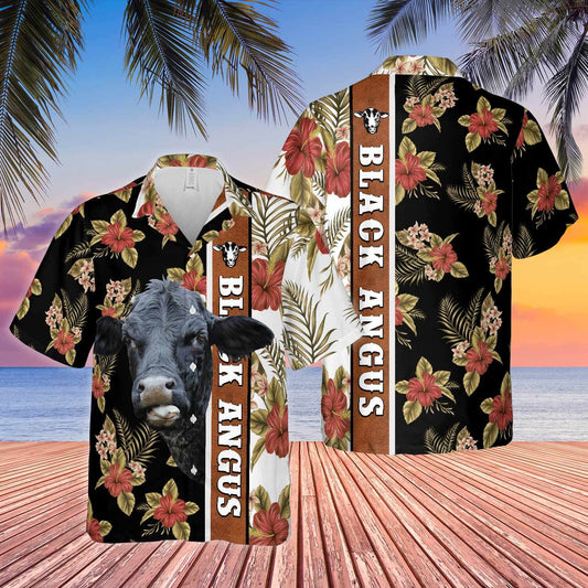 Joycorners Hibiscus Flowers Black Angus Cattle Brown All Over Printed 3D Hawaiian Shirt