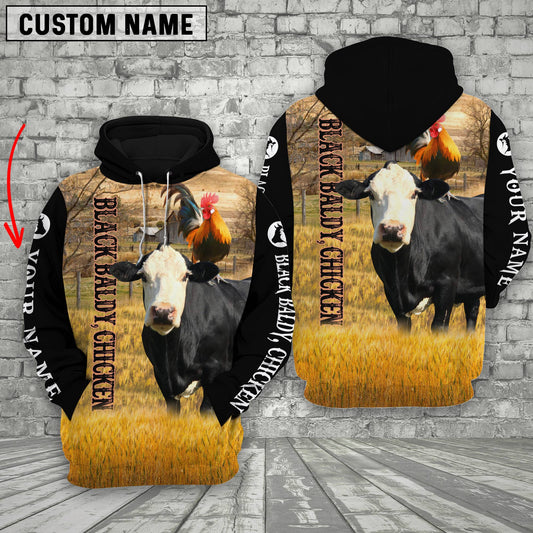 Joycorners Personalized Name Black Baldy and Chicken Cattle On The Farm All Over Printed 3D Hoodie