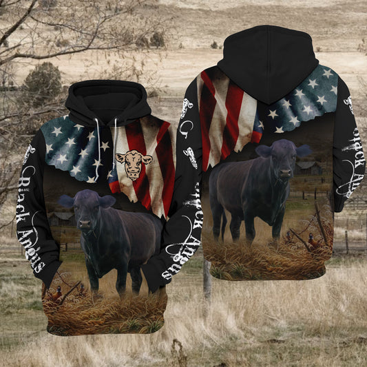 Joycorners Black Angus Cattle US Flag All Over Printed 3D Hoodie TT