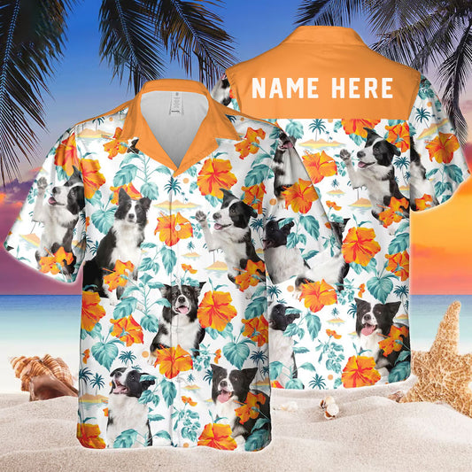Joycorners Custom Name Border Collie Hibiscus Flowers All 3D Printed Hawaiian shirt