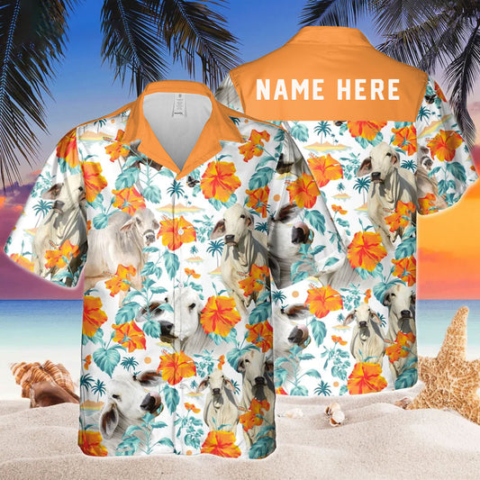 Joycorners Custom Name Brahman Cow Hibiscus Flowers All 3D Printed Hawaiian shirt