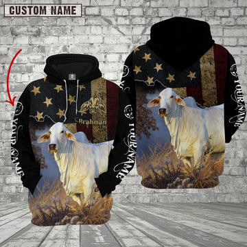 Joycorners Personalized Name Brahman Cattle US Flag All Over Printed 3D Hoodie