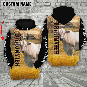 Joycorners Personalized Name Braunvieh Cattle On The Farm All Over Printed 3D Hoodie