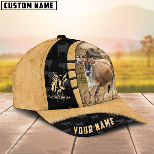 Joycorners Custom Name Brown Swiss Cattle Farmhouse Field Cap TT3