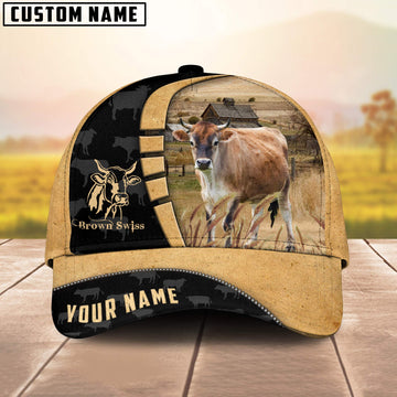 Joycorners Custom Name Brown Swiss Cattle Farmhouse Field Cap TT3