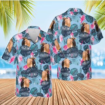 Joycorners Brown Swiss Blue Hibiscus Hawaiian Shirt