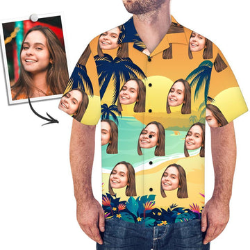 Joycorners Custom Photo Hawai Sunset Beach All Over Printed 3D Hawaiian Shirt