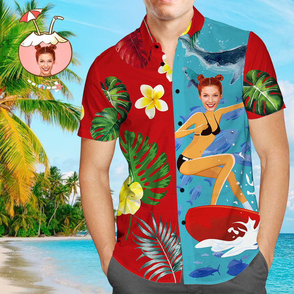 Joycorners Custom Photo Lady Surfing On Beach All Over Printed 3D Hawaiian Shirt