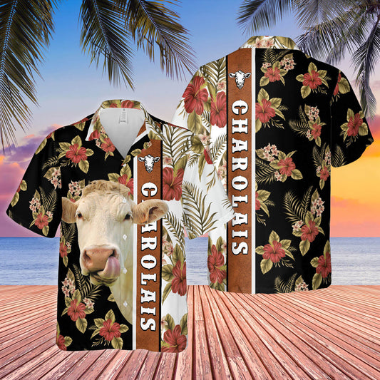 Joycorners Hibiscus Flowers Charolais Cattle Brown All Over Printed 3D Hawaiian Shirt