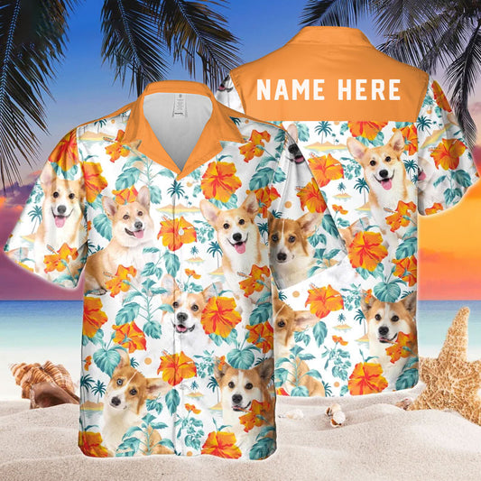 Joycorners Custom Name Corgi Dog Hibiscus Flowers All 3D Printed Hawaiian shirt