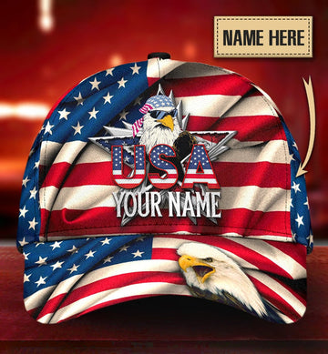 Joycorners Custom Name Independence Day United States Flag Egale With Sunglasses All Printed 3D Cap