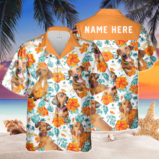 Joycorners Custom Name Dachshund Dog Hibiscus Flowers All 3D Printed Hawaiian shirt