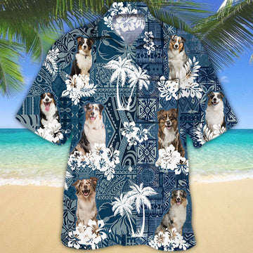 Joycorners Australian Shepherd Hawaiian Tropical Plants Pattern Blue And White All Over Printed 3D Hawaiian Shirt