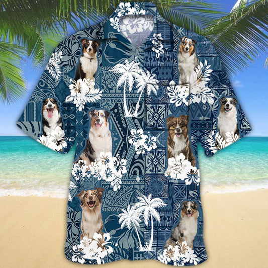 Joycorners Australian Shepherd Hawaiian Tropical Plants Pattern Blue And White All Over Printed 3D Hawaiian Shirt