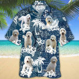 Joycorners White Goldendoodle Hawaiian Tropical Plants Pattern Blue And White All Over Printed 3D Hawaiian Shirt