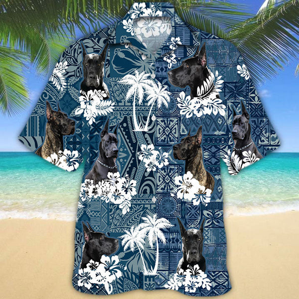 Joycorners Great Dane Hawaiian Tropical Plants Pattern Blue And White All Over Printed 3D Hawaiian Shirt