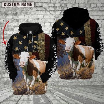 Joycorners Personalized Name Fleckvieh Cattle US Flag All Over Printed 3D Hoodie