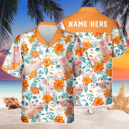 Joycorners Custom Name Funny Pig Hibiscus Flowers All 3D Printed Hawaiian shirt