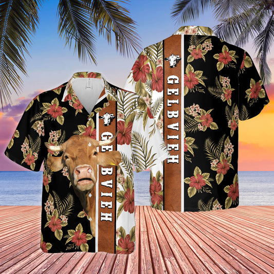 Joycorners Hibiscus Flowers Gelbvieh Cattle Brown All Over Printed 3D Hawaiian Shirt