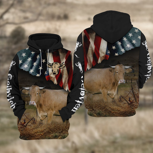 Joycorners Gelbvieh Cattle US Flag All Over Printed 3D Hoodie TT