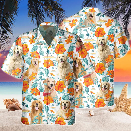 Joycorners Custom Name Golden Retriever Dog Hibiscus Flowers All 3D Printed Hawaiian shirt
