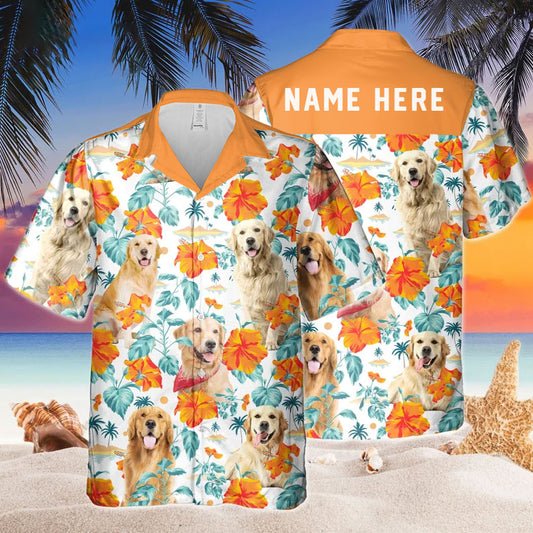 Joycorners Custom Name Golden Retriever Dog Hibiscus Flowers All 3D Printed Hawaiian shirt
