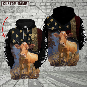 Joycorners Personalized Name Guernsey Cattle US Flag All Over Printed 3D Hoodie