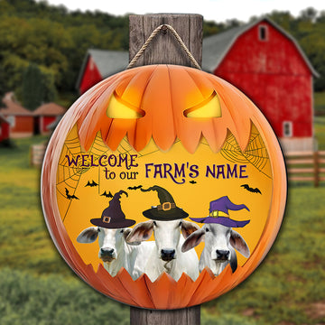 Joycorners Brahman Welcome To Our Farm Pumpkin Pattern Happy Halloween Wooden Sign