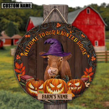 Joycorners Red Angus Welcome To Our Haunted House Pattern Happy Halloween Wooden Sign