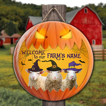 Joycorners Sheep Welcome To Our Farm Pumpkin Pattern Happy Halloween Wooden Sign