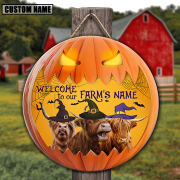 Joycorners Highland Welcome To Our Farm Pumpkin Pattern Happy Halloween Wooden Sign